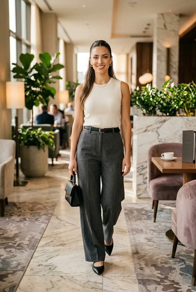 34-year-old woman wearing wide-leg dress trousers with a polished capsule outfit