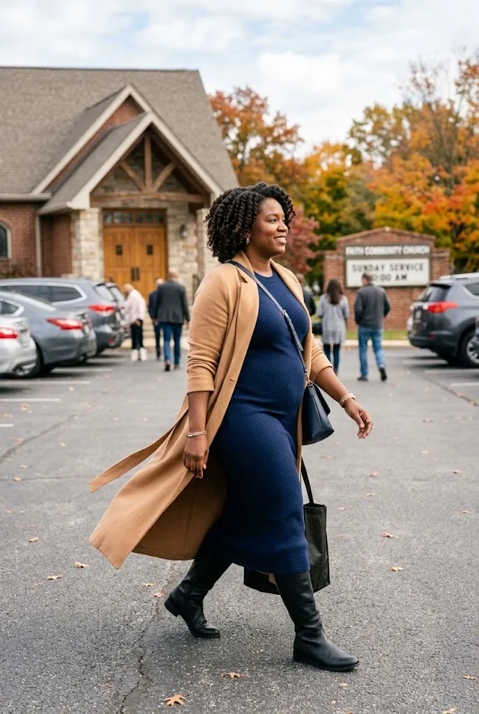 Plus size Black American woman wearing a long open duster cardigan over a navy knit dress