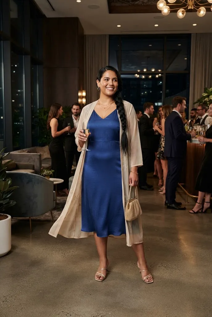 Plus-size woman wearing a long duster over a party dress