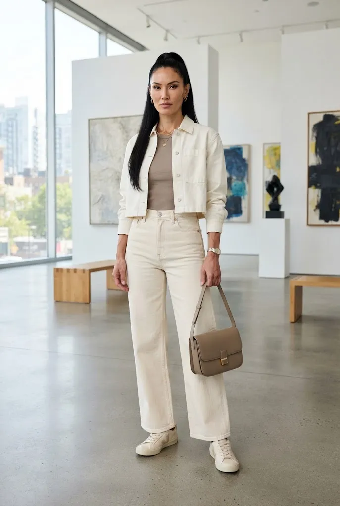 Woman wearing ecru denim with a modern neutral cotton top and overshirt.
