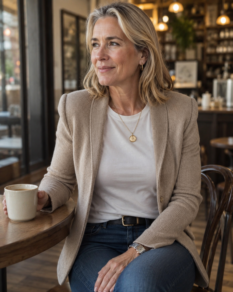 Elevated tee under a structured cardigan, quick casual outfit for coffee runs