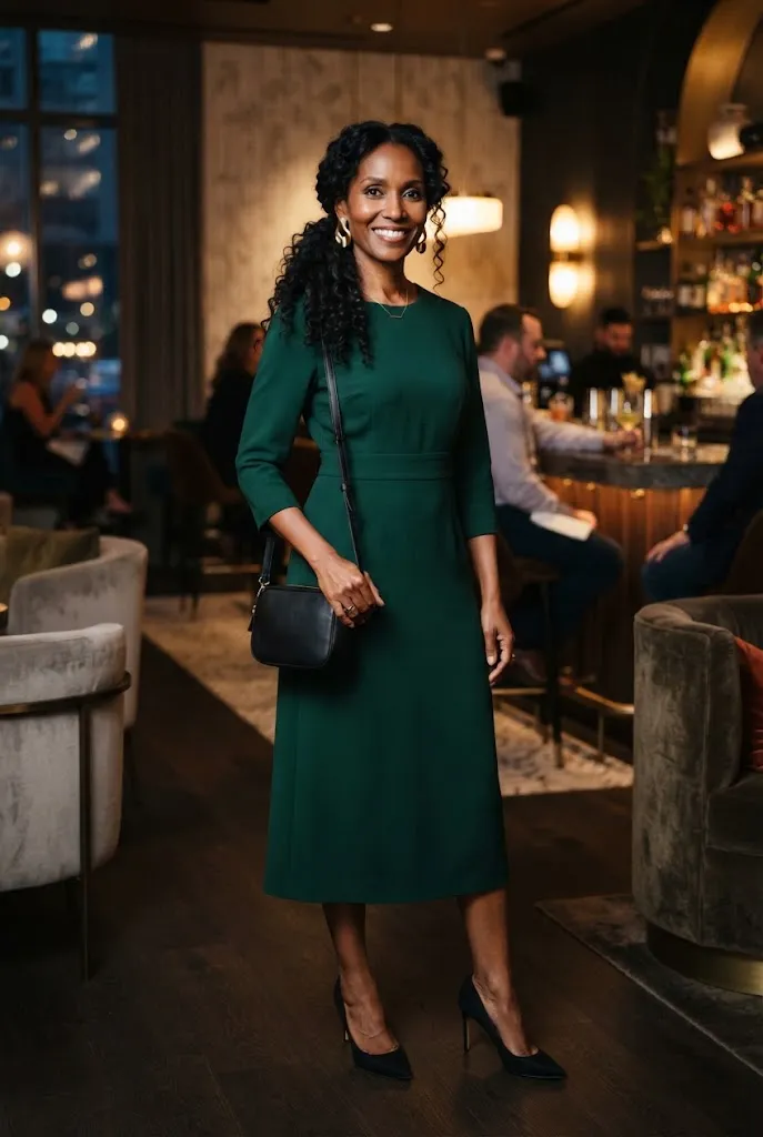 Woman over 40 wearing an emerald midi dress with statement earrings for girls night out