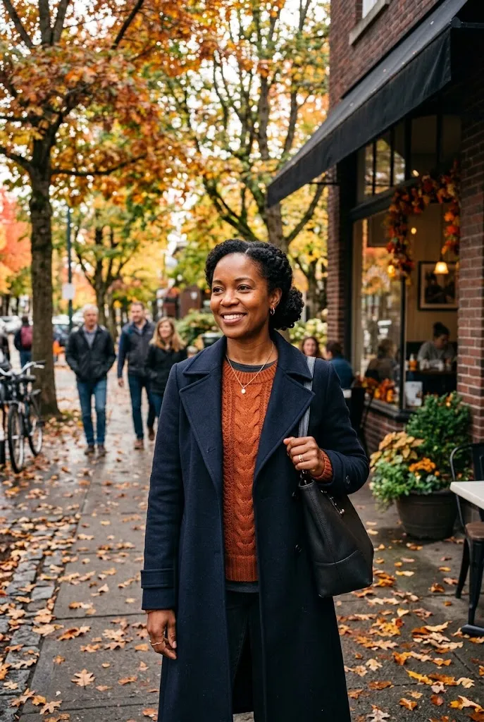Woman in her 40s wearing layered fall outfit with sweater and structured coat at brunch