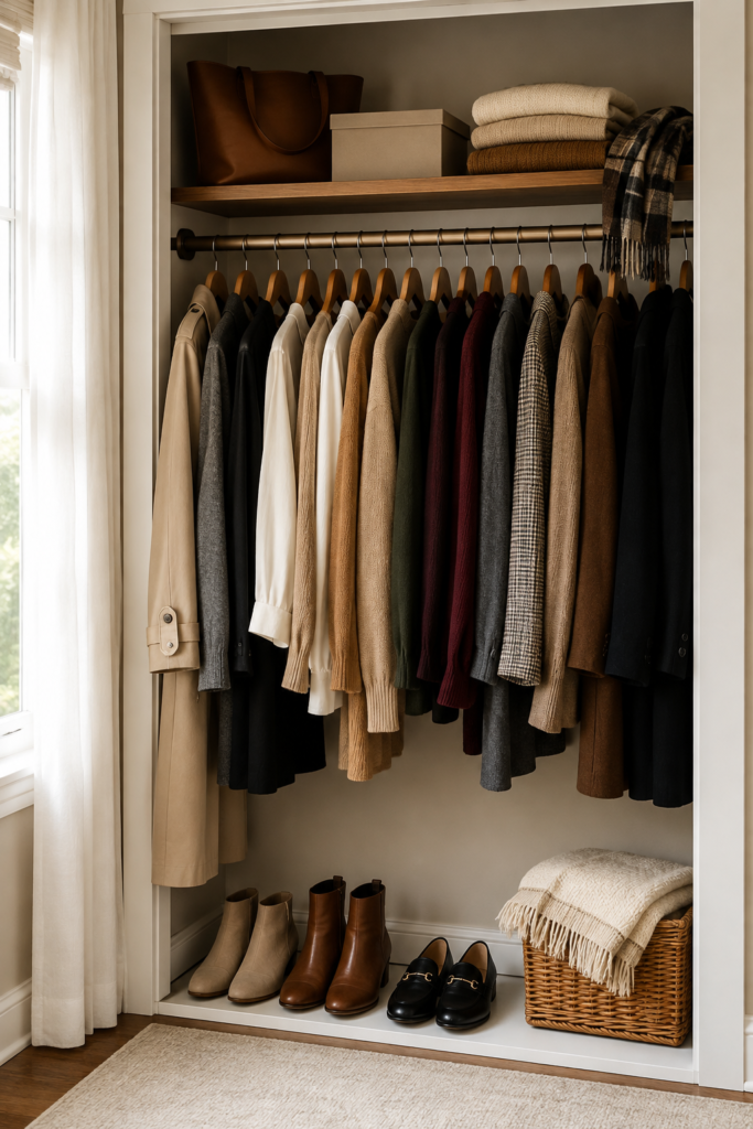 Small edited fall capsule wardrobe hanging in a closet with neutral coordinating pieces