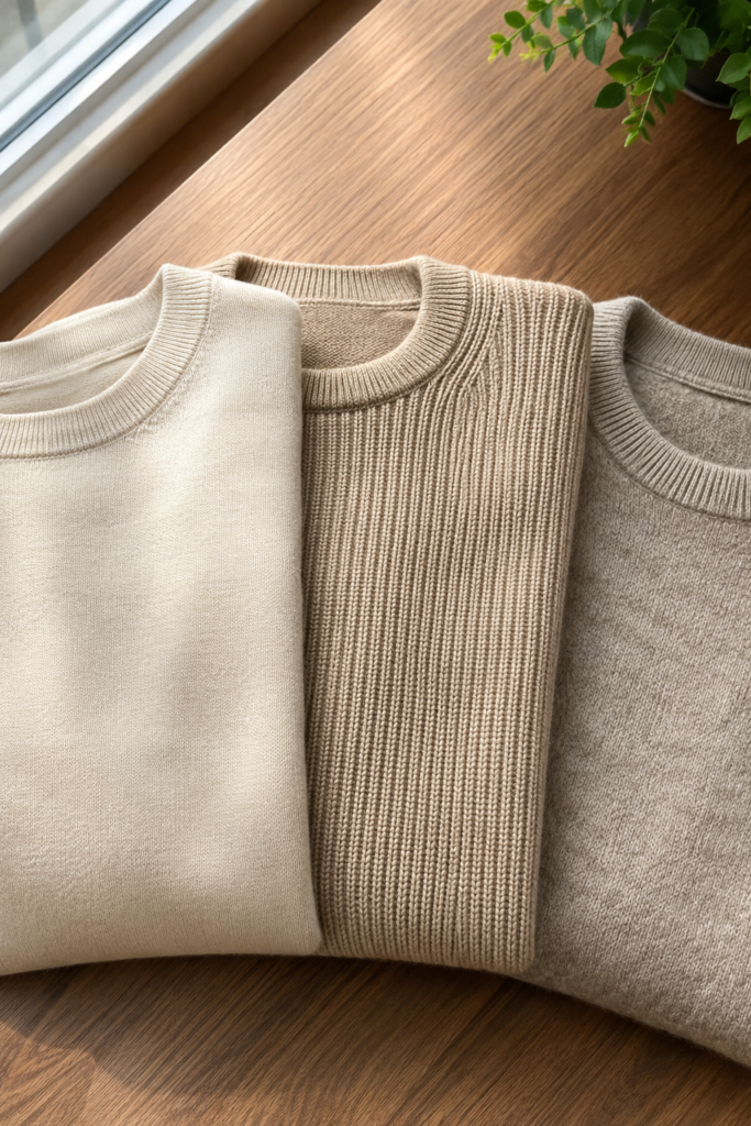 Three crewneck sweaters in different fabrics showing budget options for fall outfits