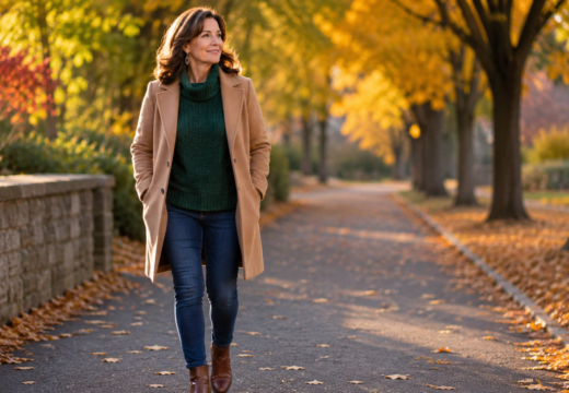 Stylish fall outfit ideas for women over 40 featuring layered neutrals and jewel tones