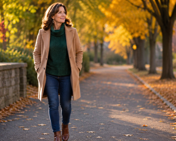 Stylish fall outfit ideas for women over 40 featuring layered neutrals and jewel tones