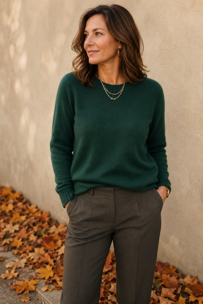 Woman over 40 wearing an emerald green sweater instead of traditional pumpkin orange fall colors