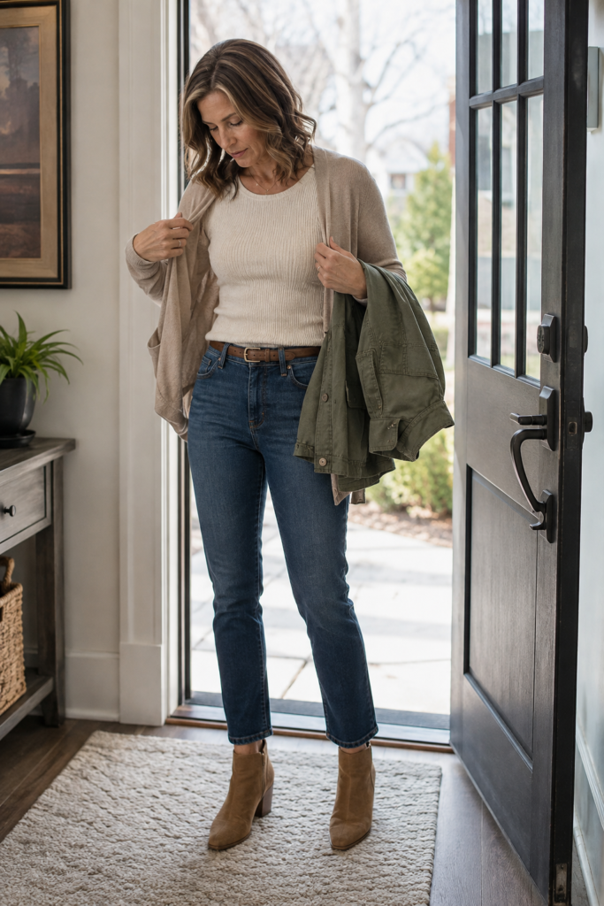 Woman in her 40s wearing a three layer fall outfit with a light knit, vest, and open jacket