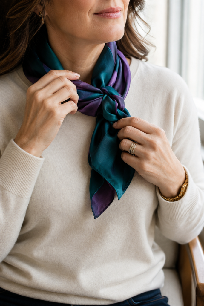 Lightweight silk scarf styled over a simple sweater for a fall outfit refresh