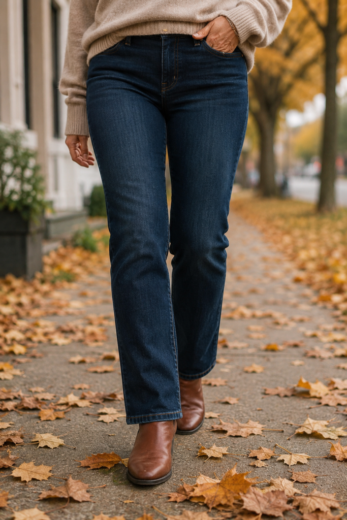 Woman over 40 wearing mid rise straight leg jeans with ankle boots for a flattering fall look