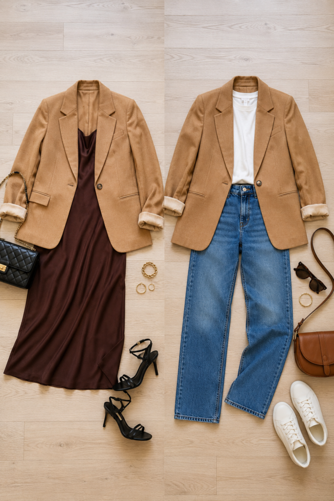 Neutral blazer styled two ways over a dress and over jeans for versatile fall outfits