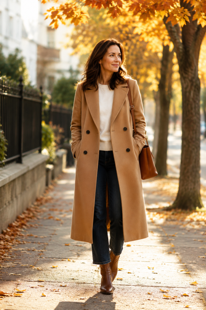 Woman over 40 wearing a tailored wool coat as a fall wardrobe investment piece