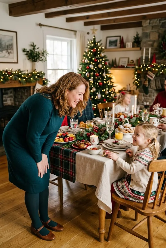 Woman in her 40s in a knit dress at a family holiday brunch with children nearby