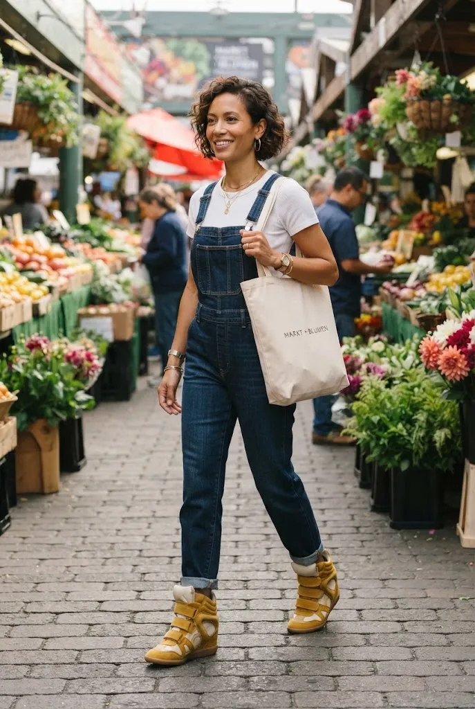 Woman in denim overalls wearing mustard Isabel Marant-style wedge sneakers at a farmers market