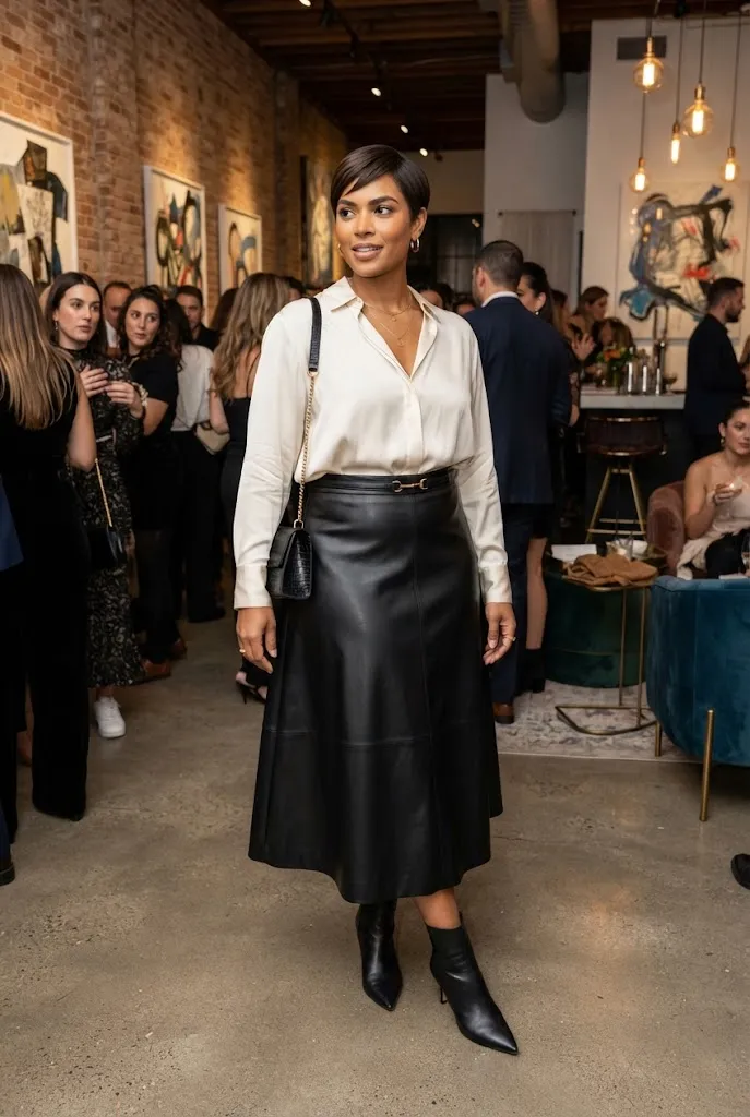Curvy woman wearing a faux leather skirt and soft blouse for a party