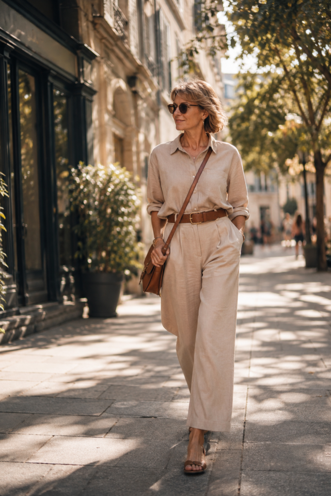 Woman over 50 wearing a belted outfit with a crossbody bag walking through a city street