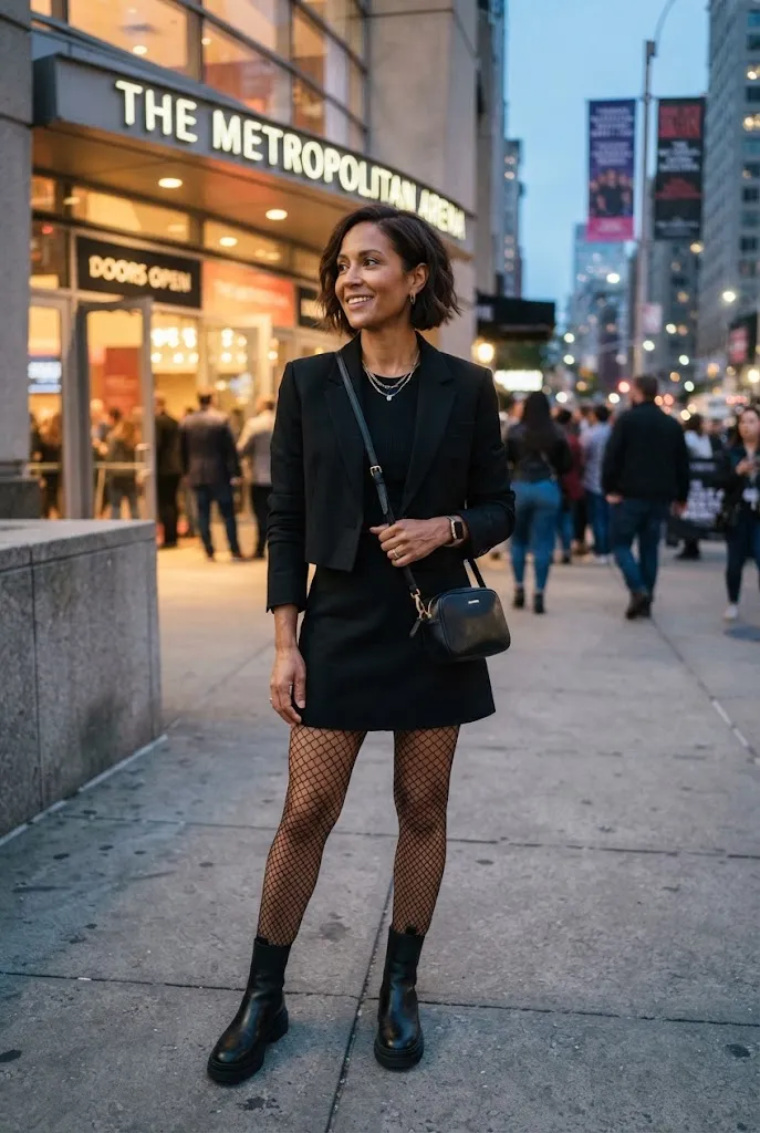 Woman in her early 40s wearing wide-net fishnet tights under a structured mini skirt at a concert