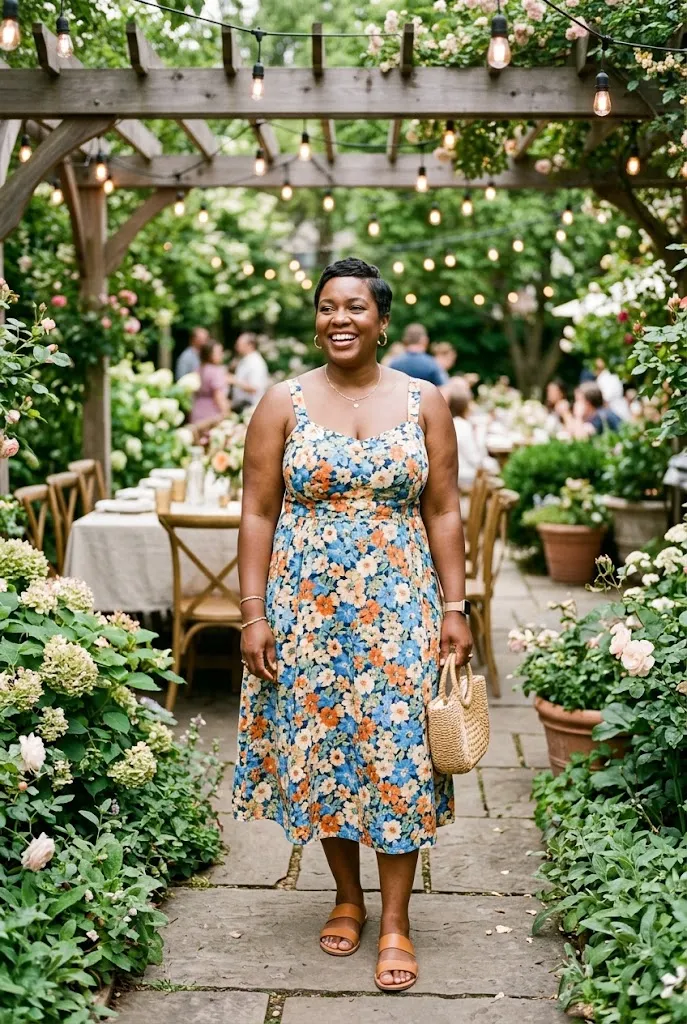 Curvy plus size woman wearing a medium scale floral print dress at a garden brunch