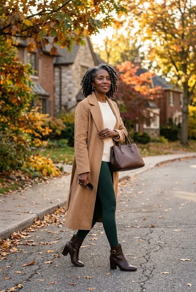 Woman over 50 wearing forest green leggings with a camel coat and brown boots