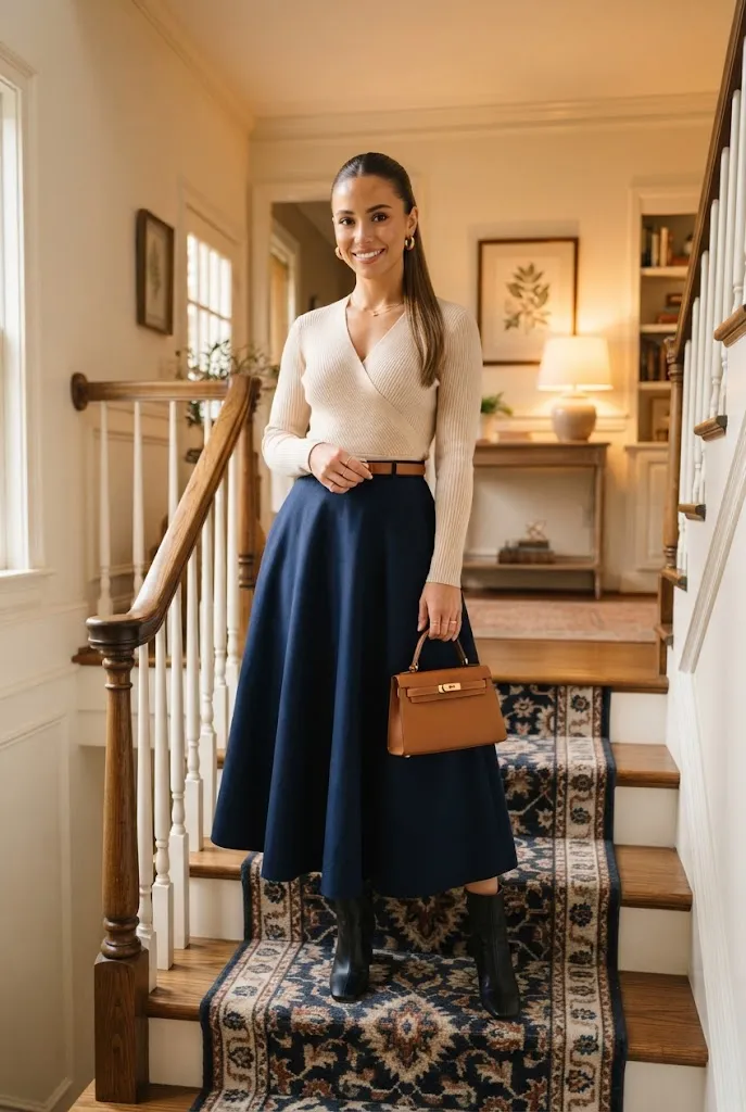 Woman balancing a full skirt with a fitted wrap top for a cocktail party
