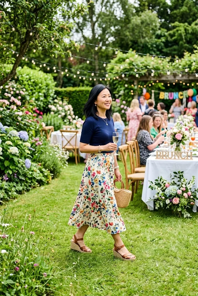 Woman in her 40s wearing a flowy floral skirt and wedge sandals at a garden brunch