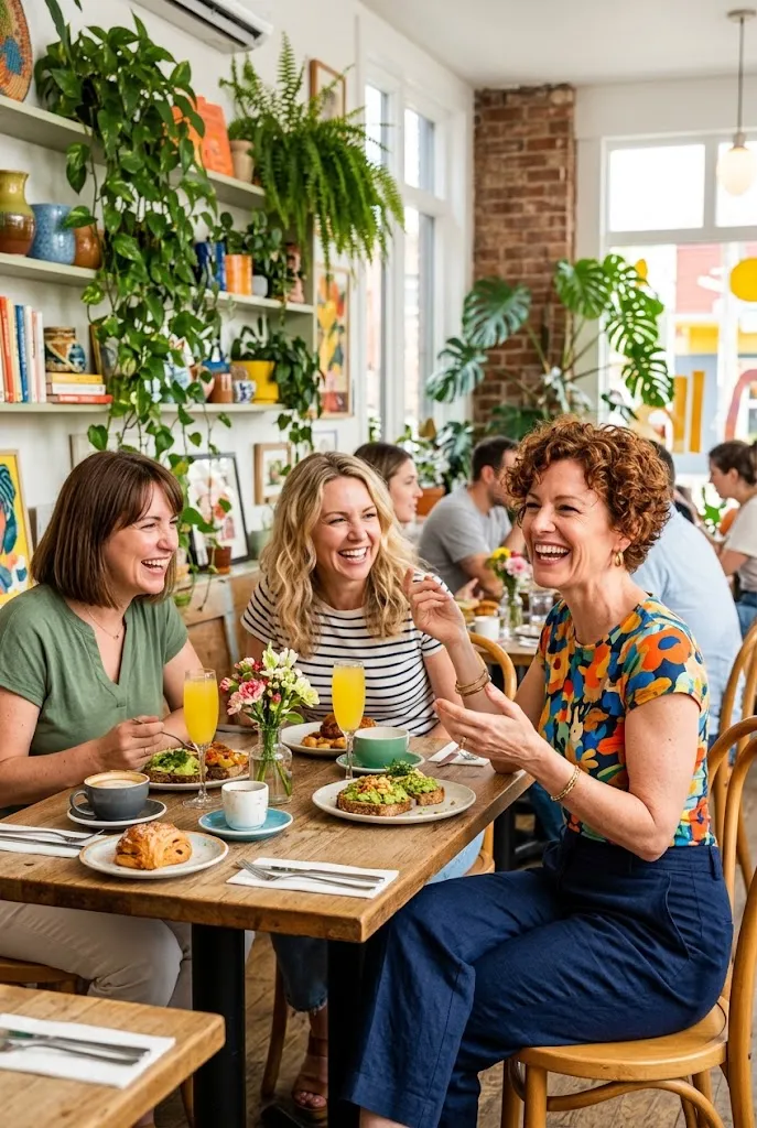 Woman in her 40s in a stylish personal outfit laughing with friends at brunch