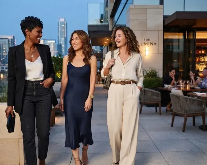 Modern girls night out outfits for women over 40 at an upscale evening setting