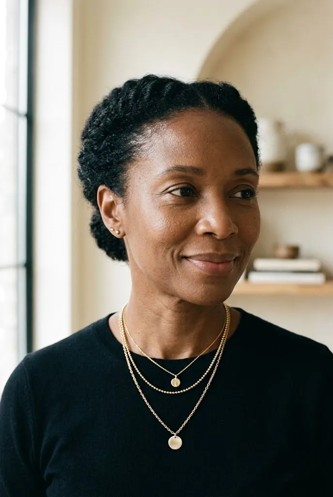 Close up of a Black woman over 40 wearing layered gold necklaces