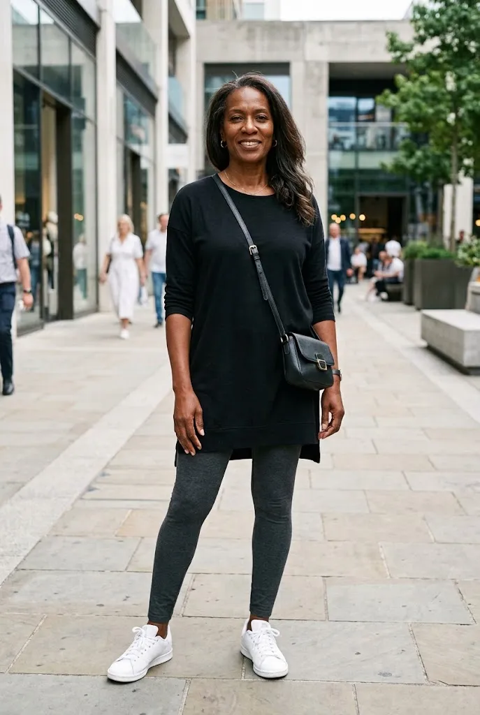 Woman over 50 wearing gray leggings with a black tunic and white sneakers