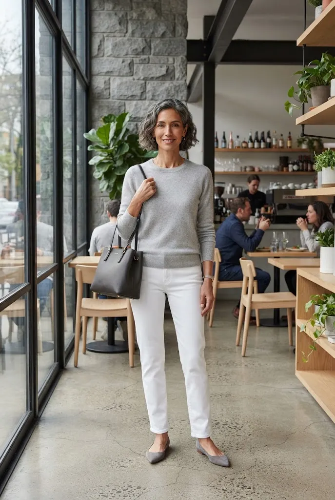 Woman wearing a soft gray sweater with white trousers