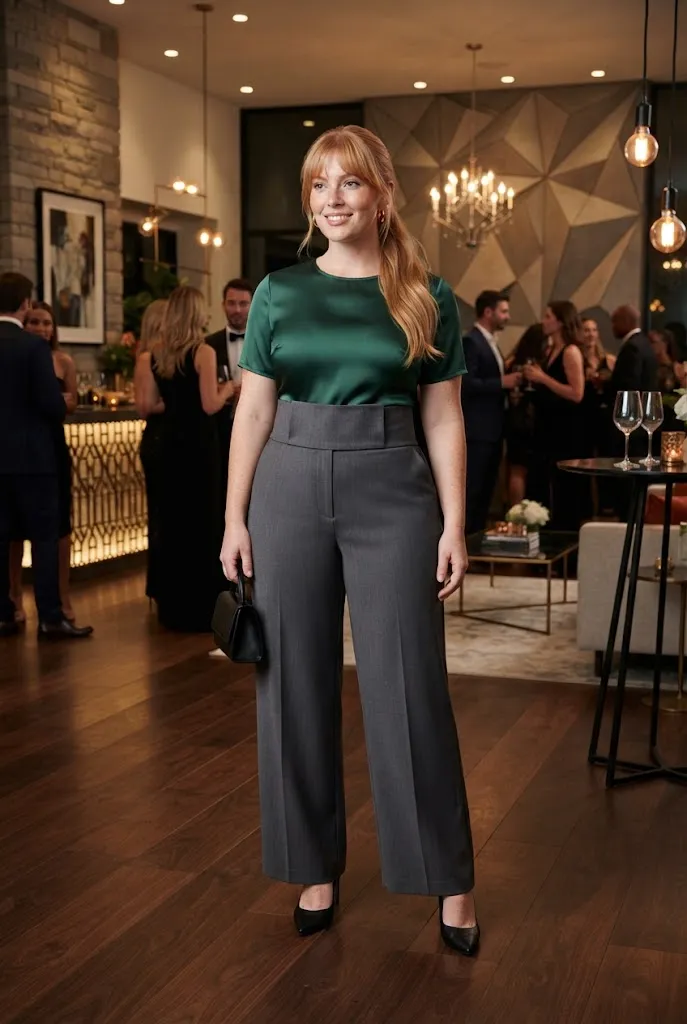 Plus-size woman wearing high-waisted wide-leg trousers and a fitted party top