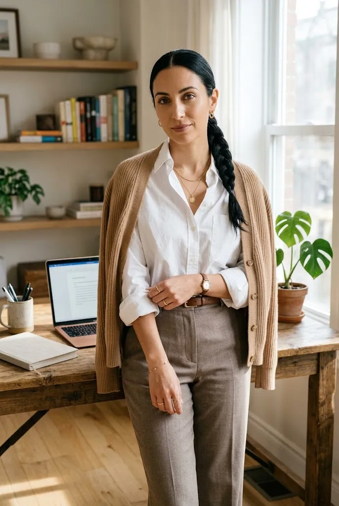 Woman over 30 wearing a crisp white button-down as part of a capsule wardrobe