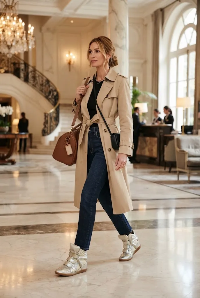 Woman in a trench coat wearing silver Isabel Marant-style wedge sneakers in a hotel lobby