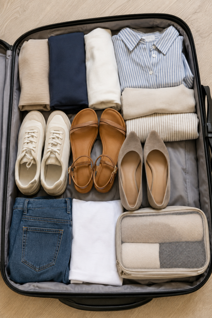 Three pairs of travel shoes packed neatly in a suitcase for a week long trip