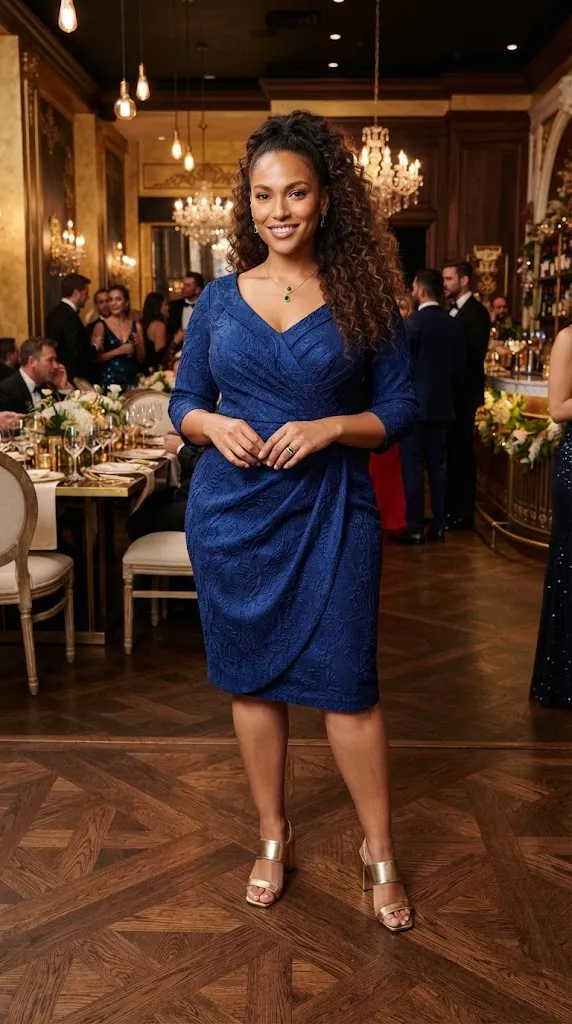 Plus size woman wearing a sophisticated jewel-tone outfit for a party