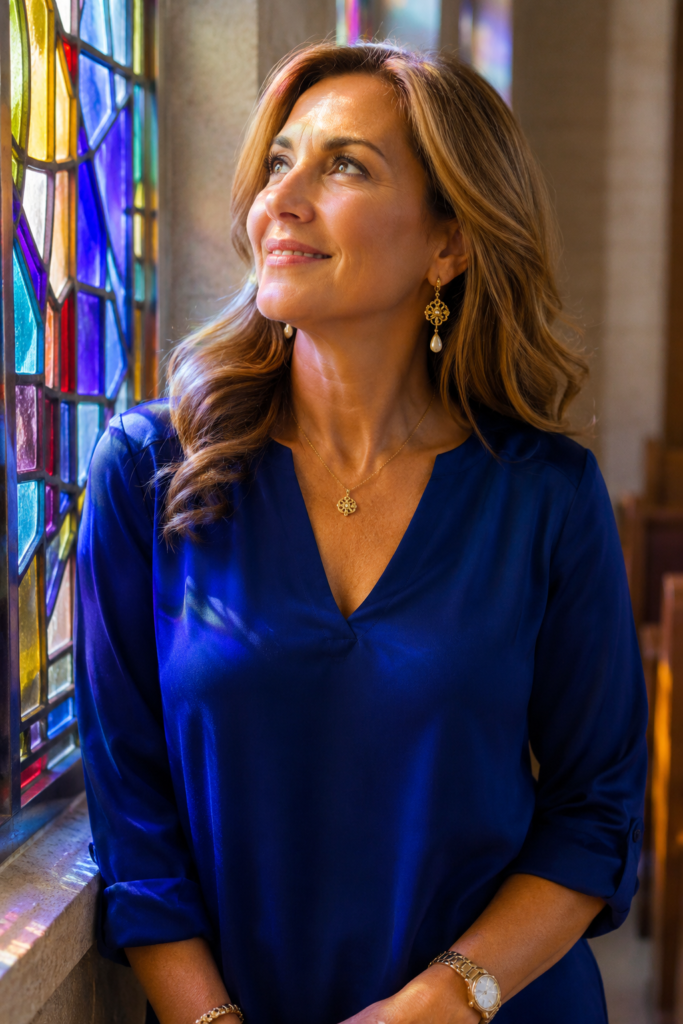 Woman over 40 wearing a sapphire jewel tone top for church