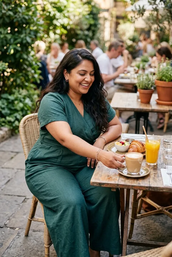 Full figured plus size woman seated in a wide leg jumpsuit at an outdoor brunch table