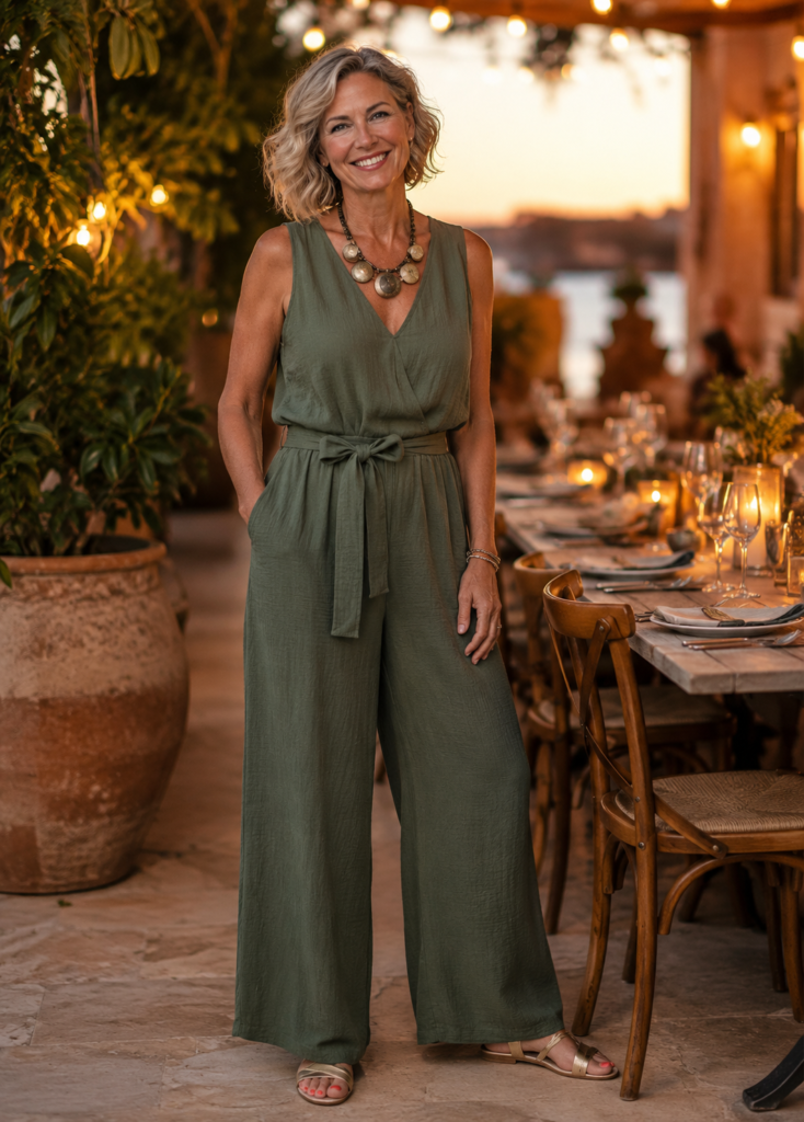 Solid color jumpsuit dressed up with one statement necklace for an effortless evening look