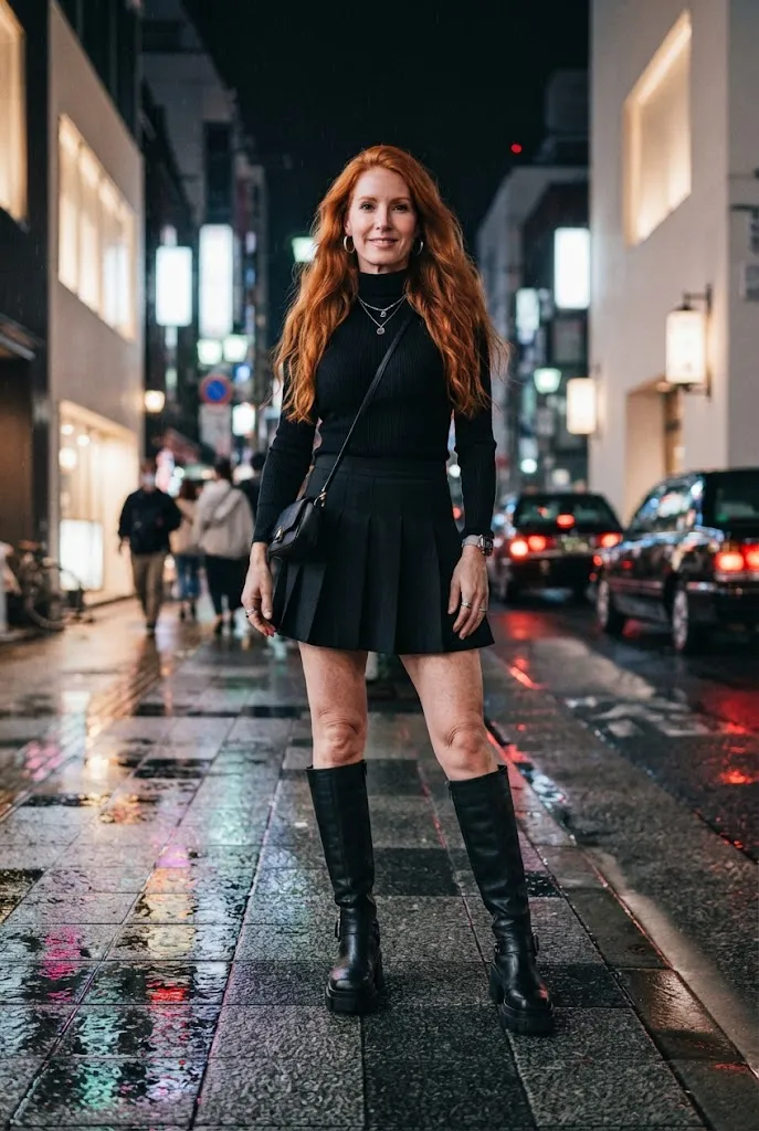 Woman in her 40s wearing black knee-high platform boots with a short black skirt