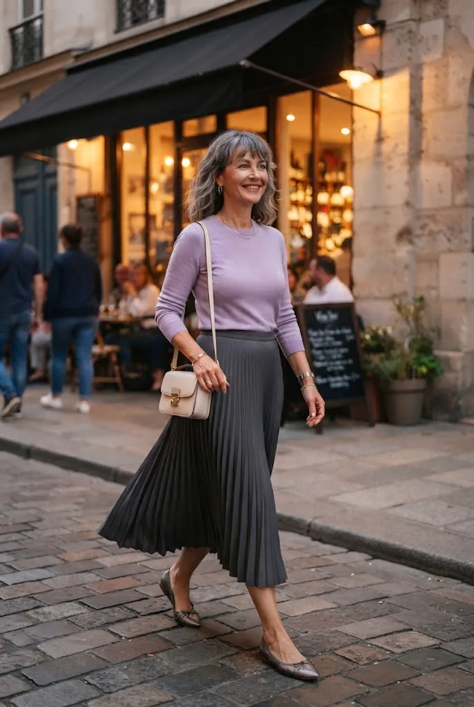 Woman over 40 wearing a knit top and pleated midi skirt for a stylish girls night out