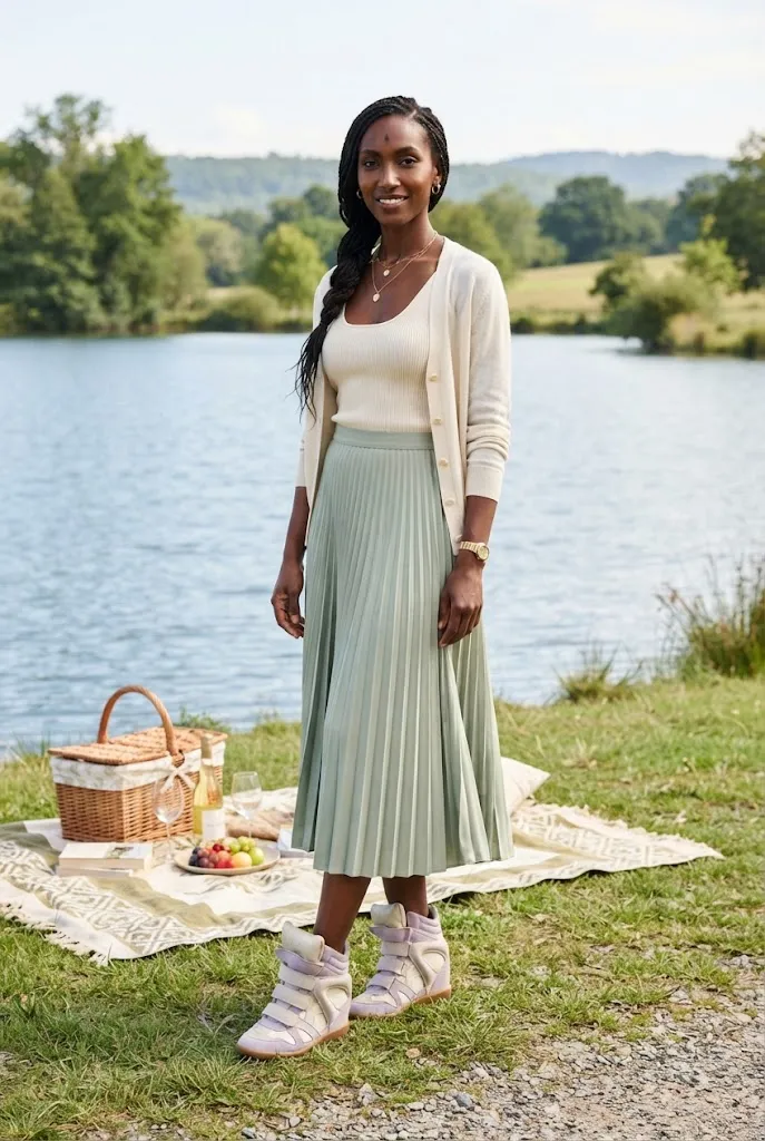 Woman in a midi skirt wearing lavender Isabel Marant-style wedge sneakers beside a lake