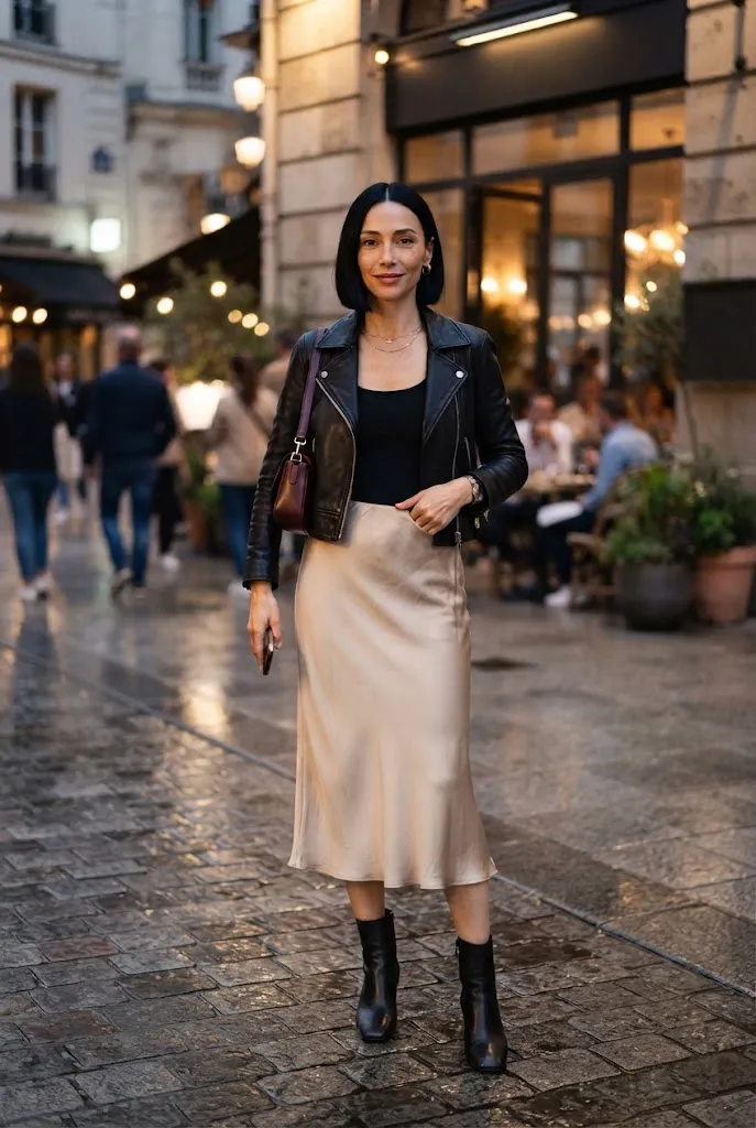 Woman over 40 wearing a leather jacket with a satin slip skirt for a modern night out
