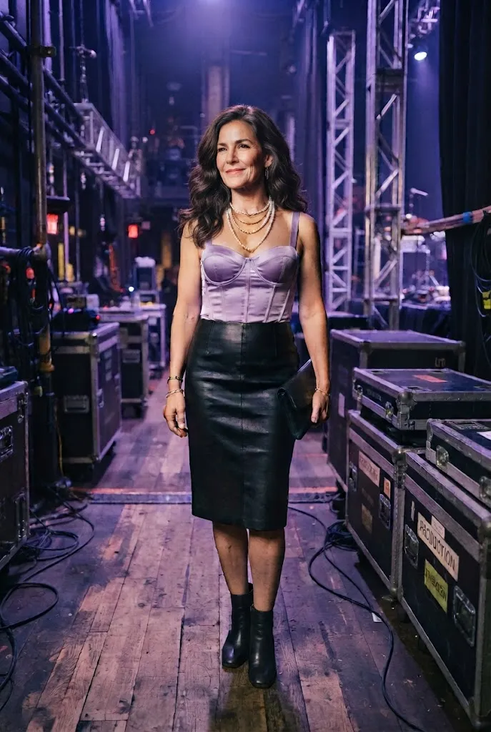 Woman in her mid 40s wearing a black leather pencil skirt with a satin corset top by tour equipment