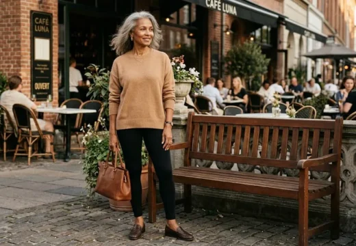 Woman over 50 wearing black leggings with a camel sweater and brown loafers