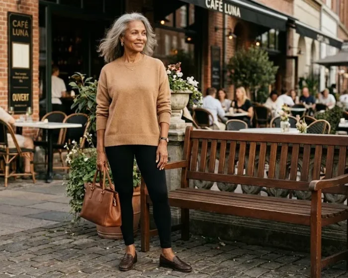 Woman over 50 wearing black leggings with a camel sweater and brown loafers