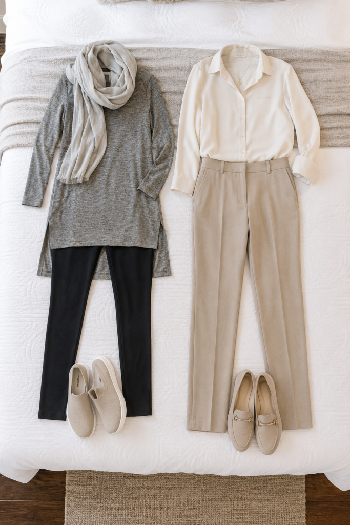 Two travel outfits side by side comparing leggings and structured trousers for women over 50