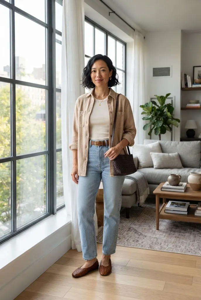Woman wearing light-wash denim with neutral cotton pieces in a soft everyday outfit.