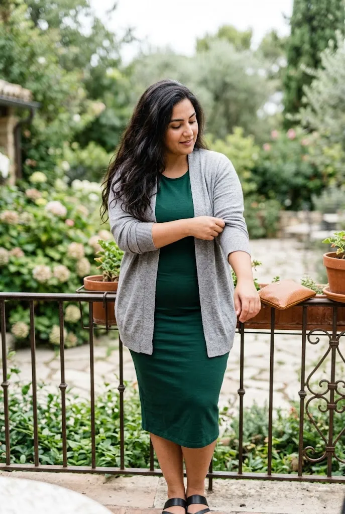 Plus size woman with a curvy full figured build wearing a lightweight cardigan at brunch