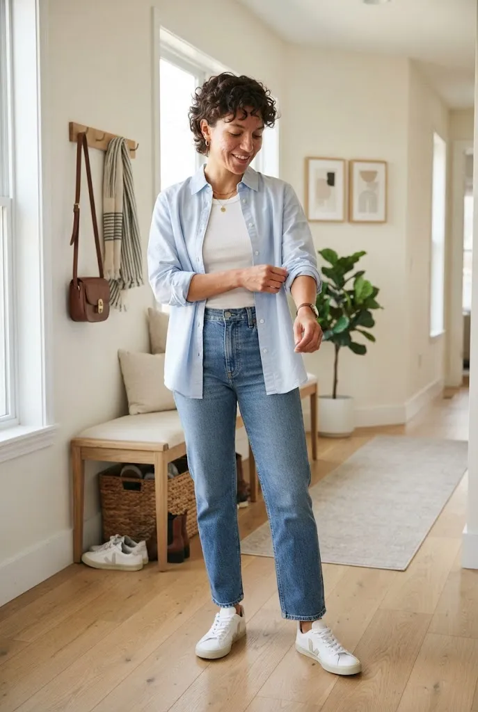 Woman wearing a lightweight cotton button-down shirt three ways with a tank top and denim.